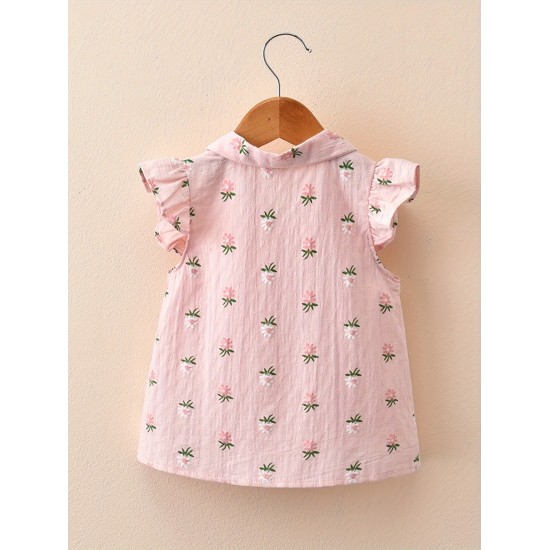 Baby-Mädchen-Sommer-Hemd mit Blumenstickerei, ärmellos – stilvolle Baumwoll-Musselin-Bluse für Babys (eine Größe kleiner)