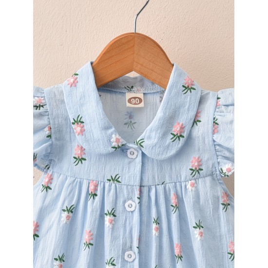 Baby-Mädchen-Sommer-Hemd mit Blumenstickerei, ärmellos – stilvolle Baumwoll-Musselin-Bluse für Babys (eine Größe kleiner)