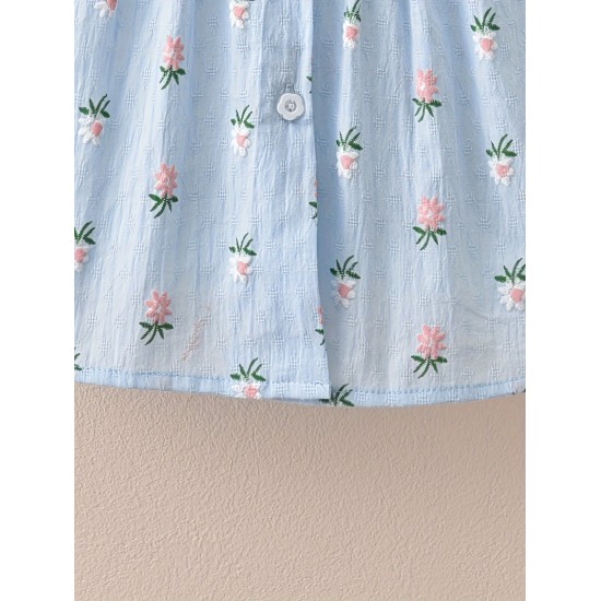 Baby-Mädchen-Sommer-Hemd mit Blumenstickerei, ärmellos – stilvolle Baumwoll-Musselin-Bluse für Babys (eine Größe kleiner)