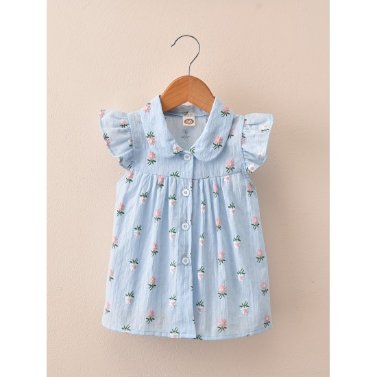Baby-Mädchen-Sommer-Hemd mit Blumenstickerei, ärmellos – stilvolle Baumwoll-Musselin-Bluse für Babys (eine Größe kleiner)