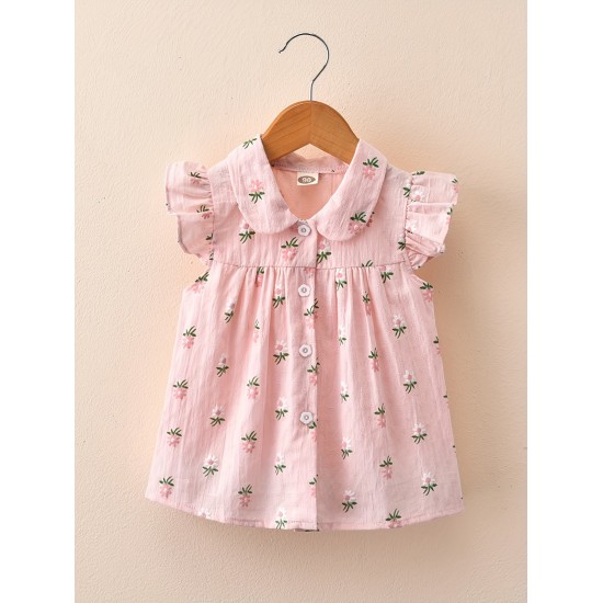 Baby-Mädchen-Sommer-Hemd mit Blumenstickerei, ärmellos – stilvolle Baumwoll-Musselin-Bluse für Babys (eine Größe kleiner)