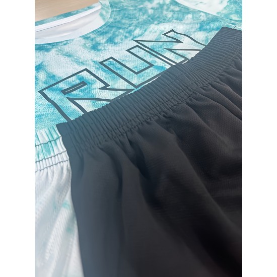 Ultra-atmungsaktives Batik-Sportset für Jungen, 2-teilig – schnell trocknendes Kurzarm-T-Shirt und bequeme Shorts mit RUN-Aufdruck – perfekte Sommerkleidung für stilvolle Kinder