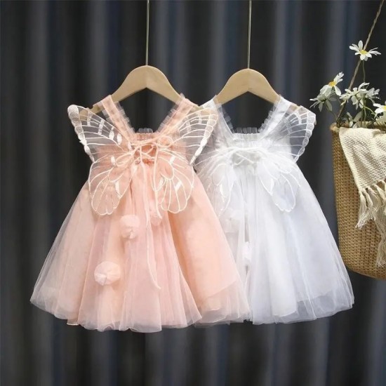 Summer pleated lace dress for children girls clothes butterfly stitching solid color mesh dress party princess dress