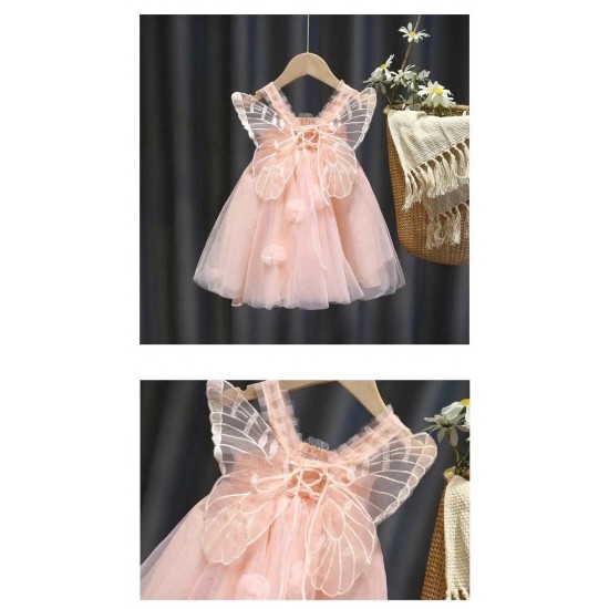 Summer pleated lace dress for children girls clothes butterfly stitching solid color mesh dress party princess dress