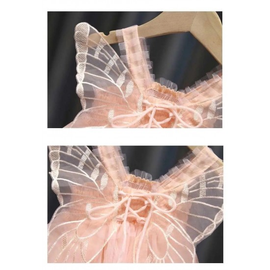 Summer pleated lace dress for children girls clothes butterfly stitching solid color mesh dress party princess dress