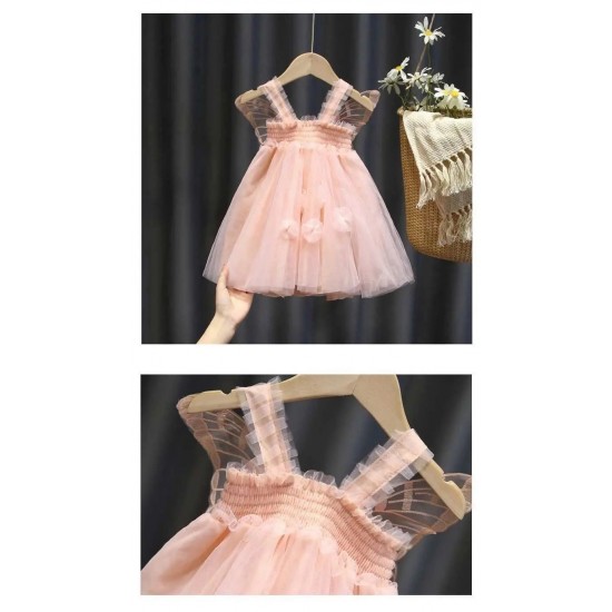Summer pleated lace dress for children girls clothes butterfly stitching solid color mesh dress party princess dress