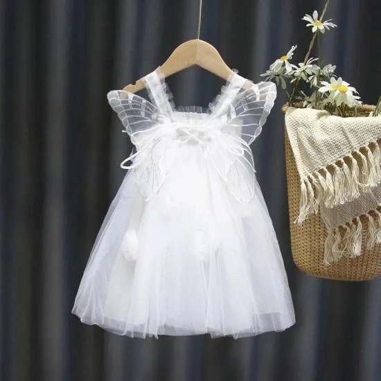 Summer pleated lace dress for children girls clothes butterfly stitching solid color mesh dress party princess dress