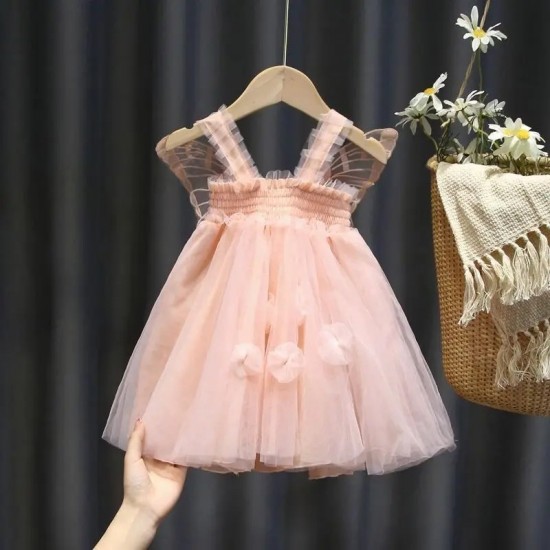 Summer pleated lace dress for children girls clothes butterfly stitching solid color mesh dress party princess dress