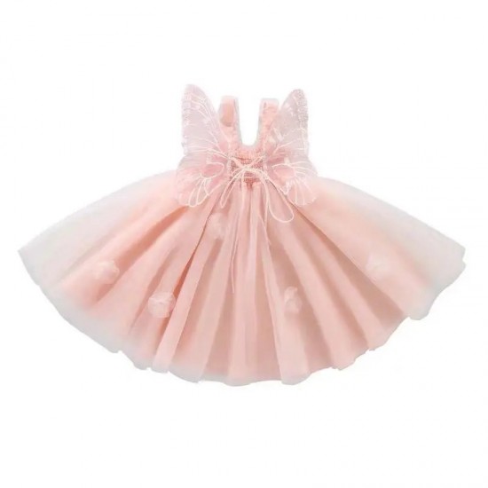 Summer pleated lace dress for children girls clothes butterfly stitching solid color mesh dress party princess dress