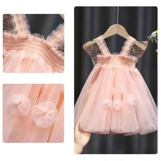 Summer pleated lace dress for children girls clothes butterfly stitching solid color mesh dress party princess dress
